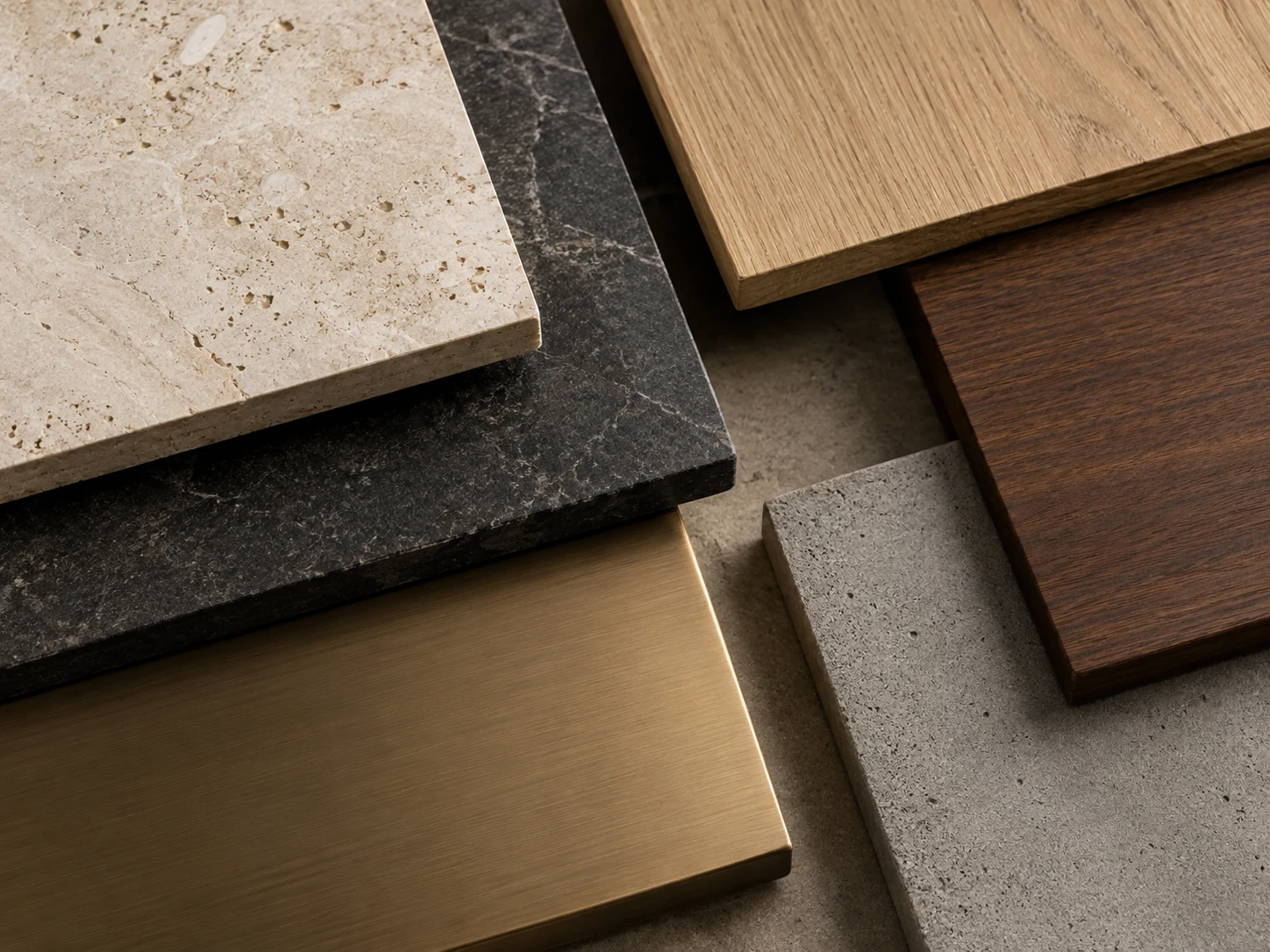 Stone, wood, concrete and brushed metal material samples